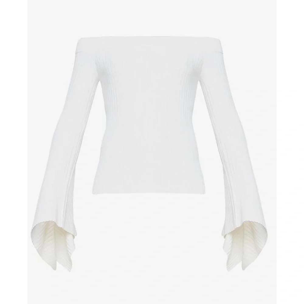 BCBG MaxAzria Gardenia Cream Stevie Ribbed Off The Shoulder Bell Sleeve Sweater - Picture 3 of 13